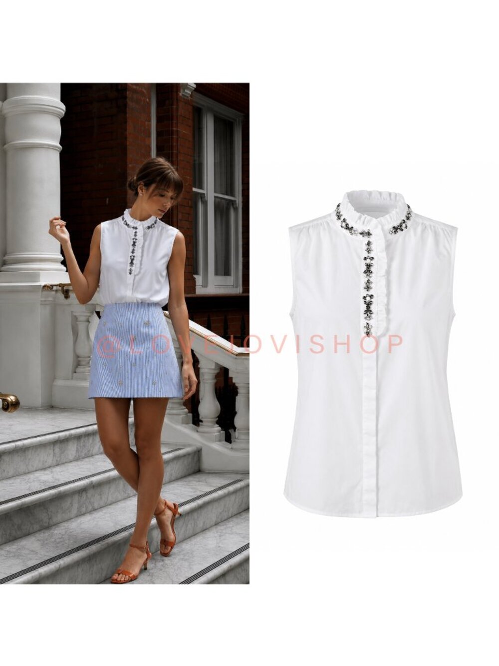 Feminine | J. Crew Ruffle Collar Sleeveless Button Up Top Embellished Rhinestone